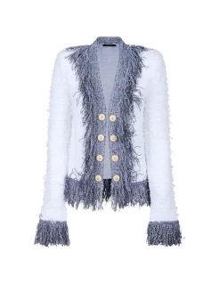 Collarless metallic fringed tweed jacket