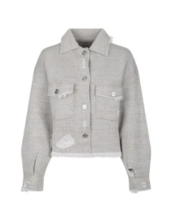 Denim fringed cashmere and cotton jacket