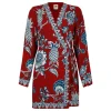 Red tropical landing wrap mini dress