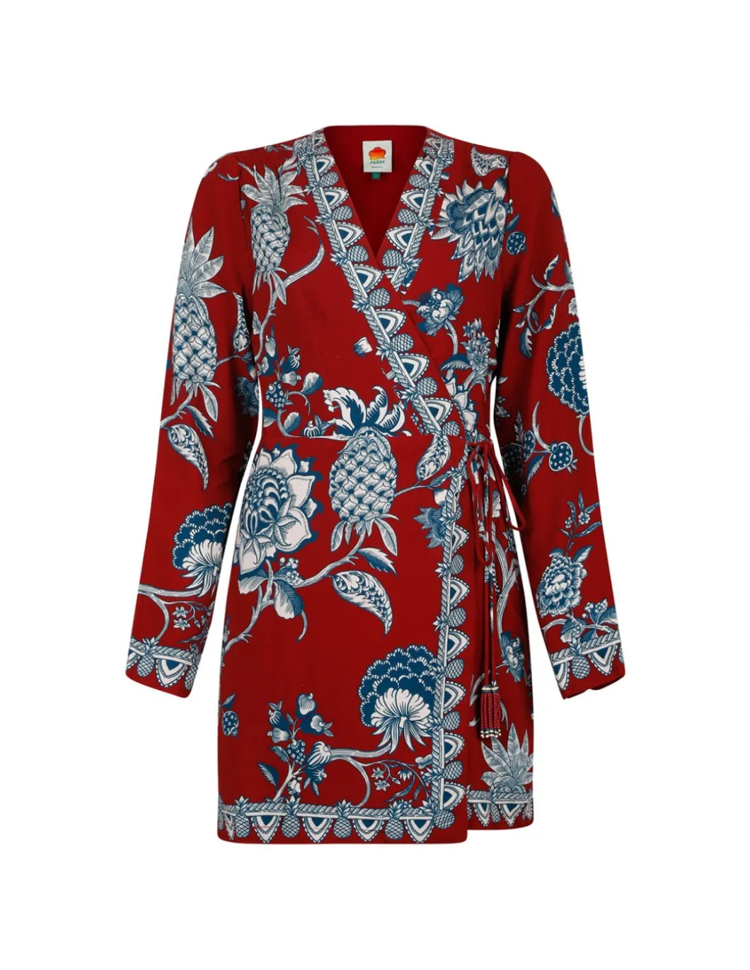 Red tropical landing wrap mini dress