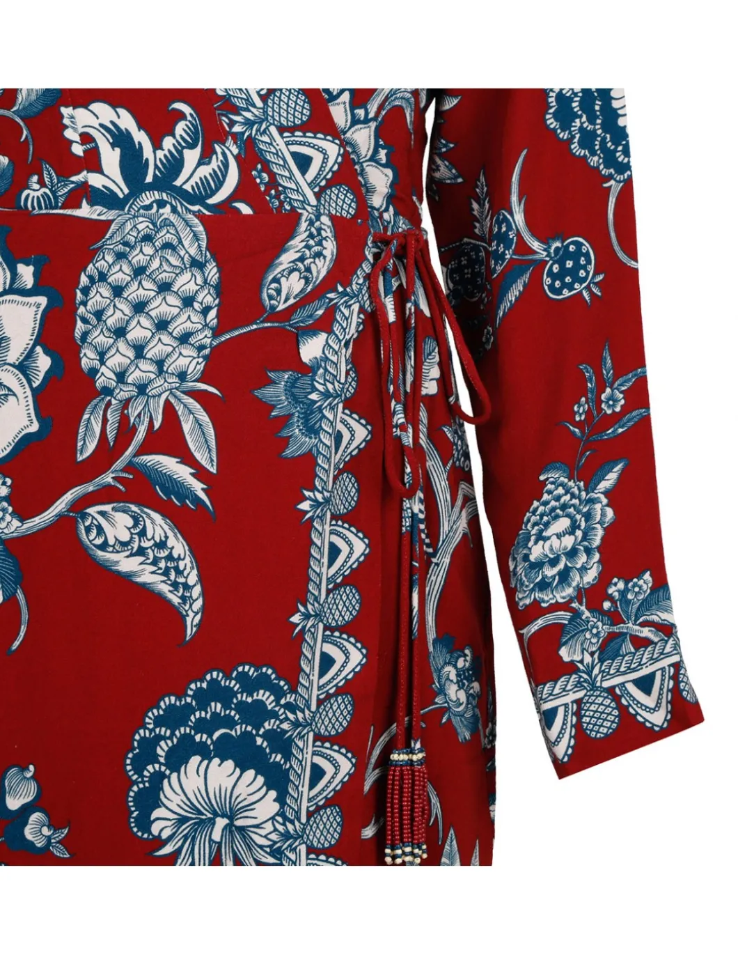 Red tropical landing wrap mini dress